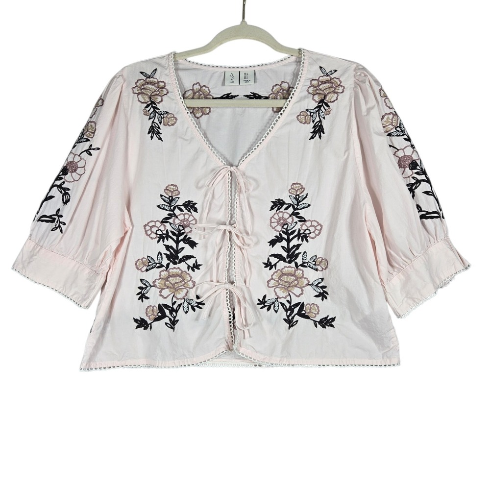 Joie Floral Embroidered Tie Front Blouse Womens L Pink Cotton Boho Chic Top